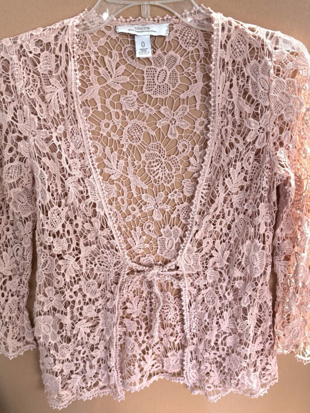 Women's Chico's Pink Crochet Floral Lace Tie-Front Cardigan Size 0 (XS)